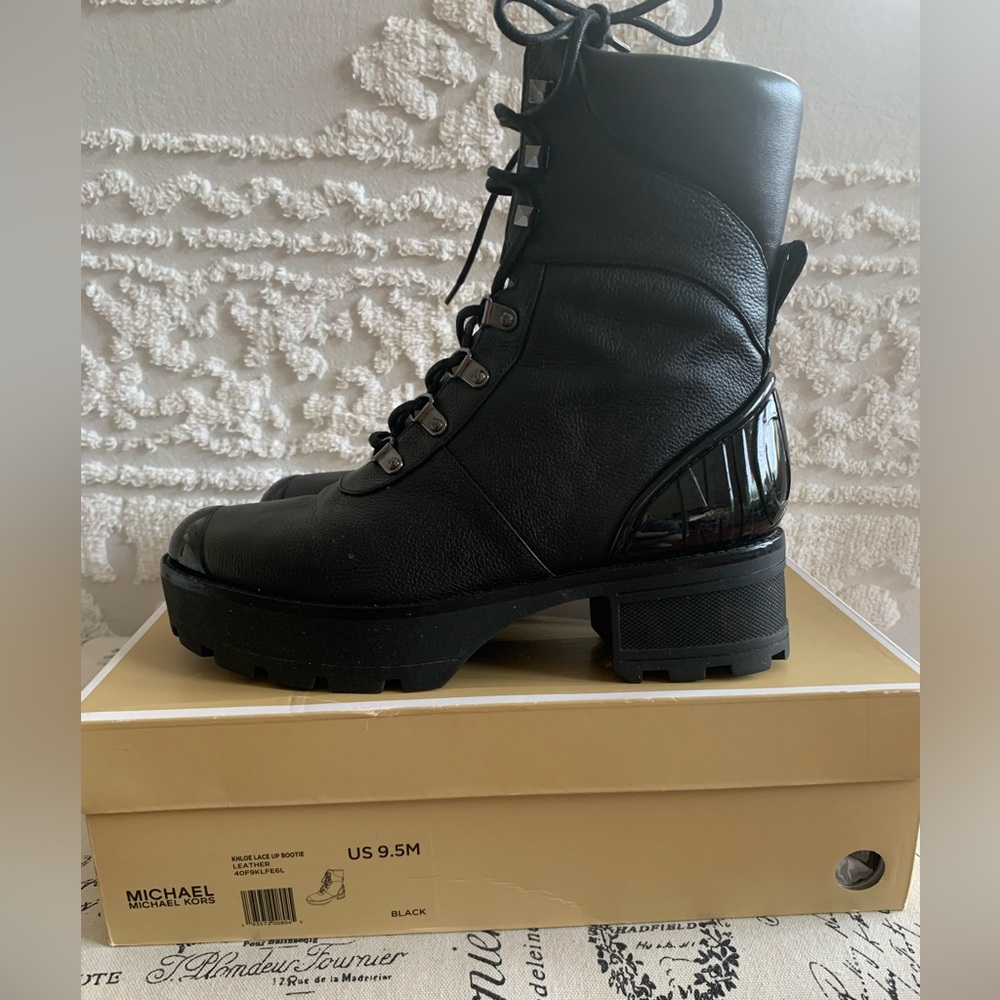 Michael Kors Moto Boots: Black Leather, Lace Up, Side Zip, Platform, 9.5